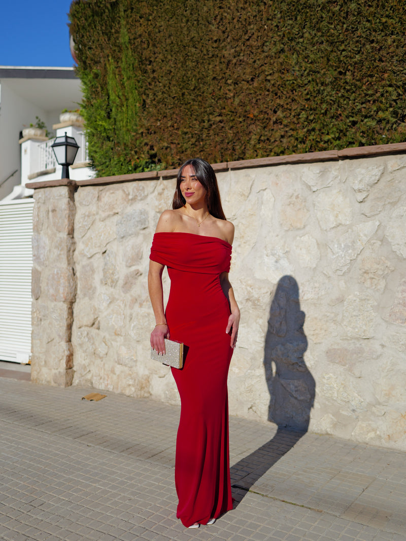 Burgundy back bardot dress