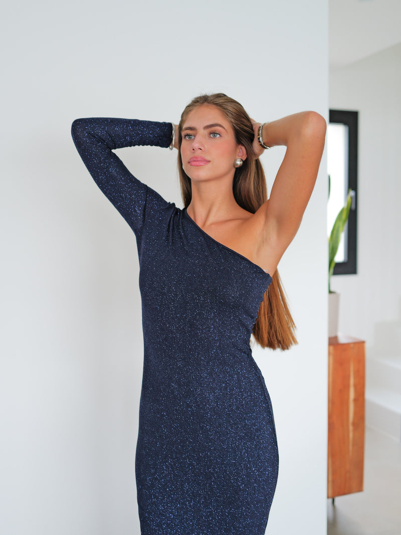 Navy asymmetric lurex long dress