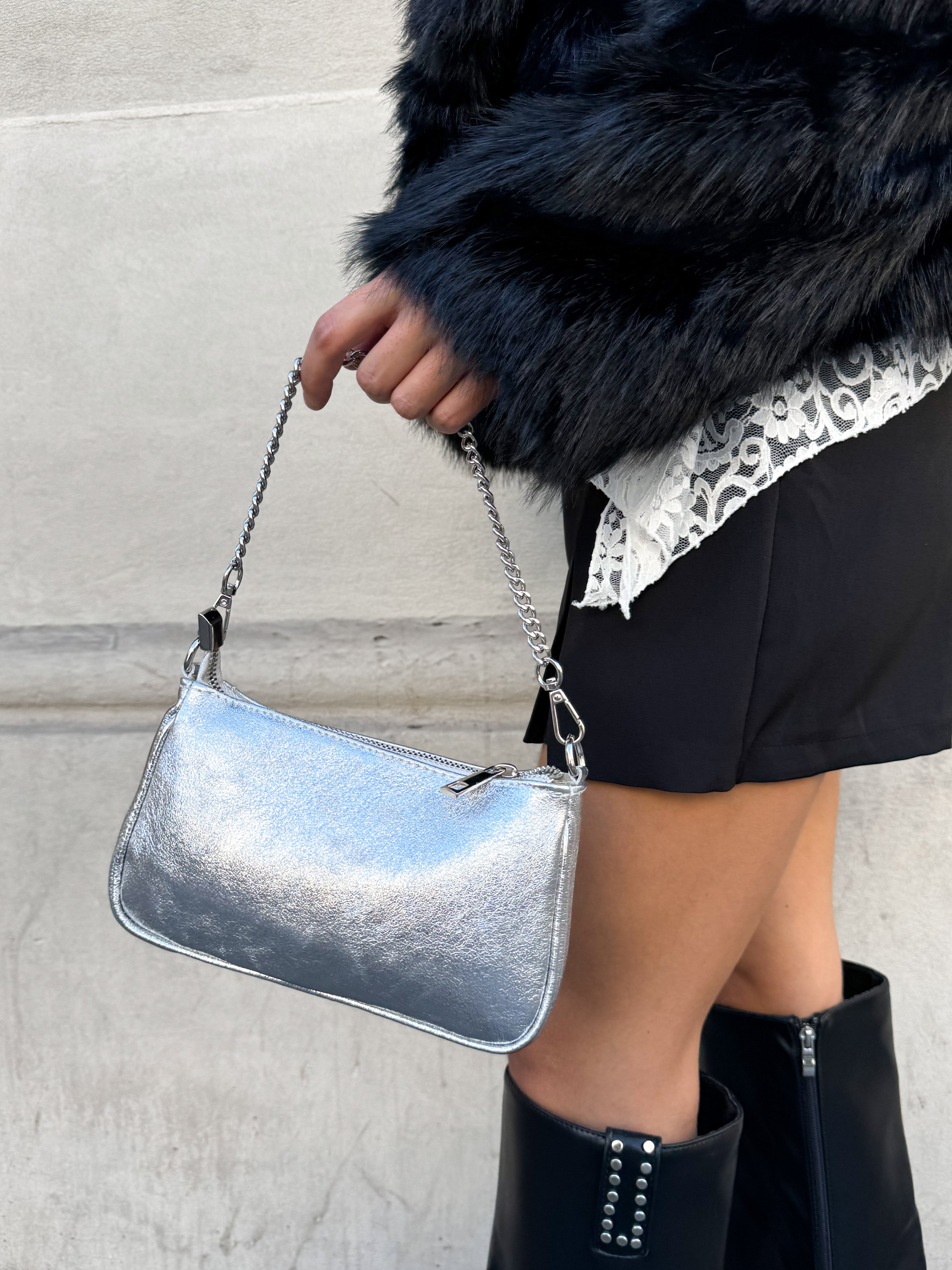 Silver shoulder chain bag