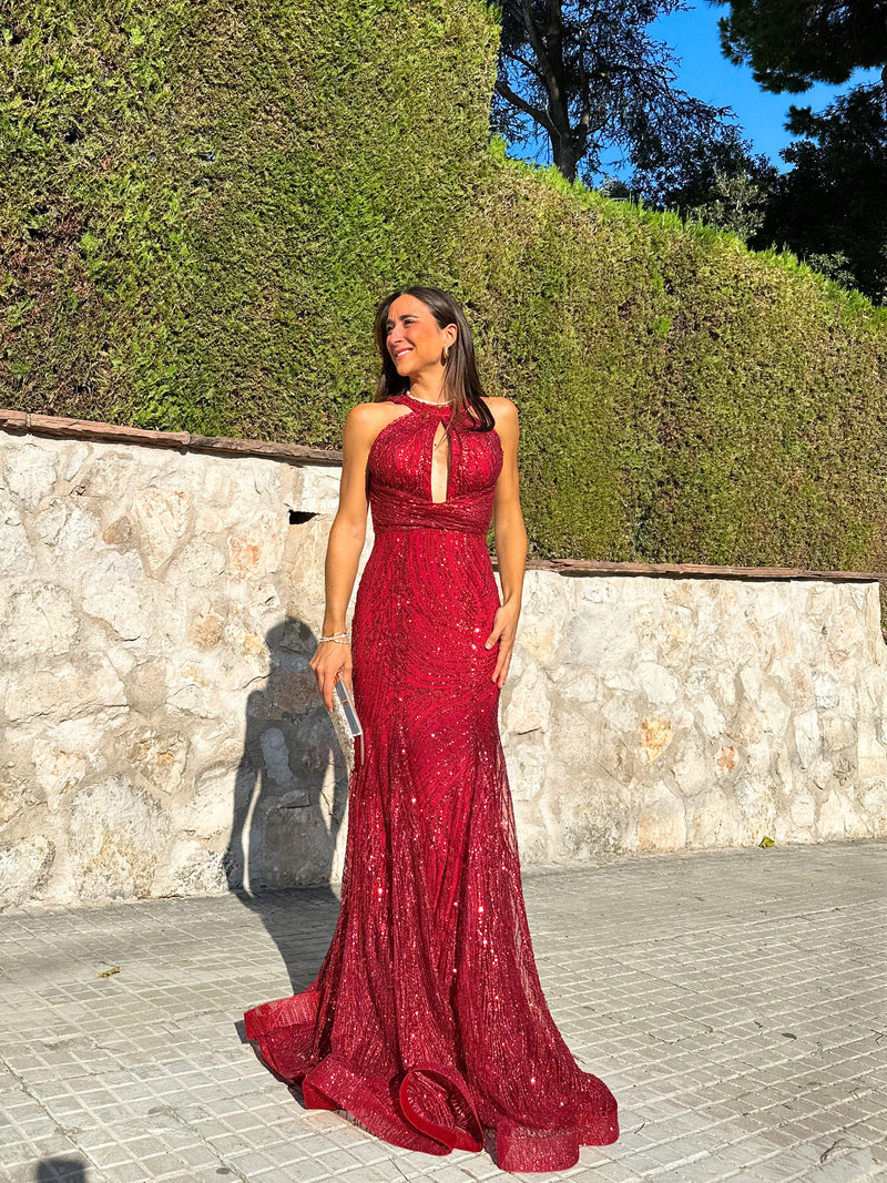 Back halter dress burgundy rhinestones