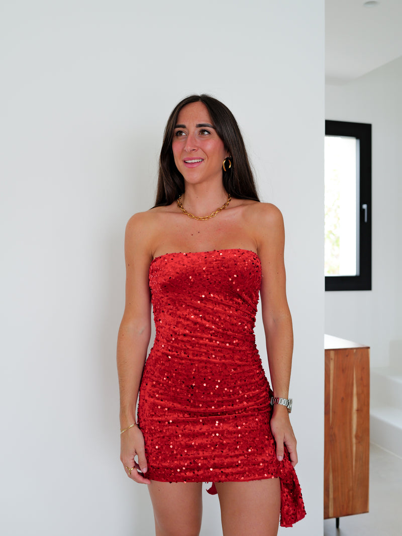 Red velvet ruffle glitter dress