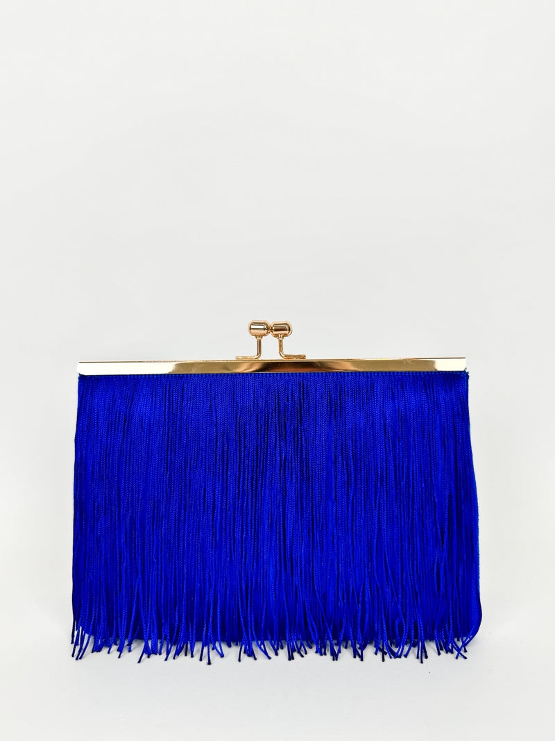 Blue fringed suede clutch