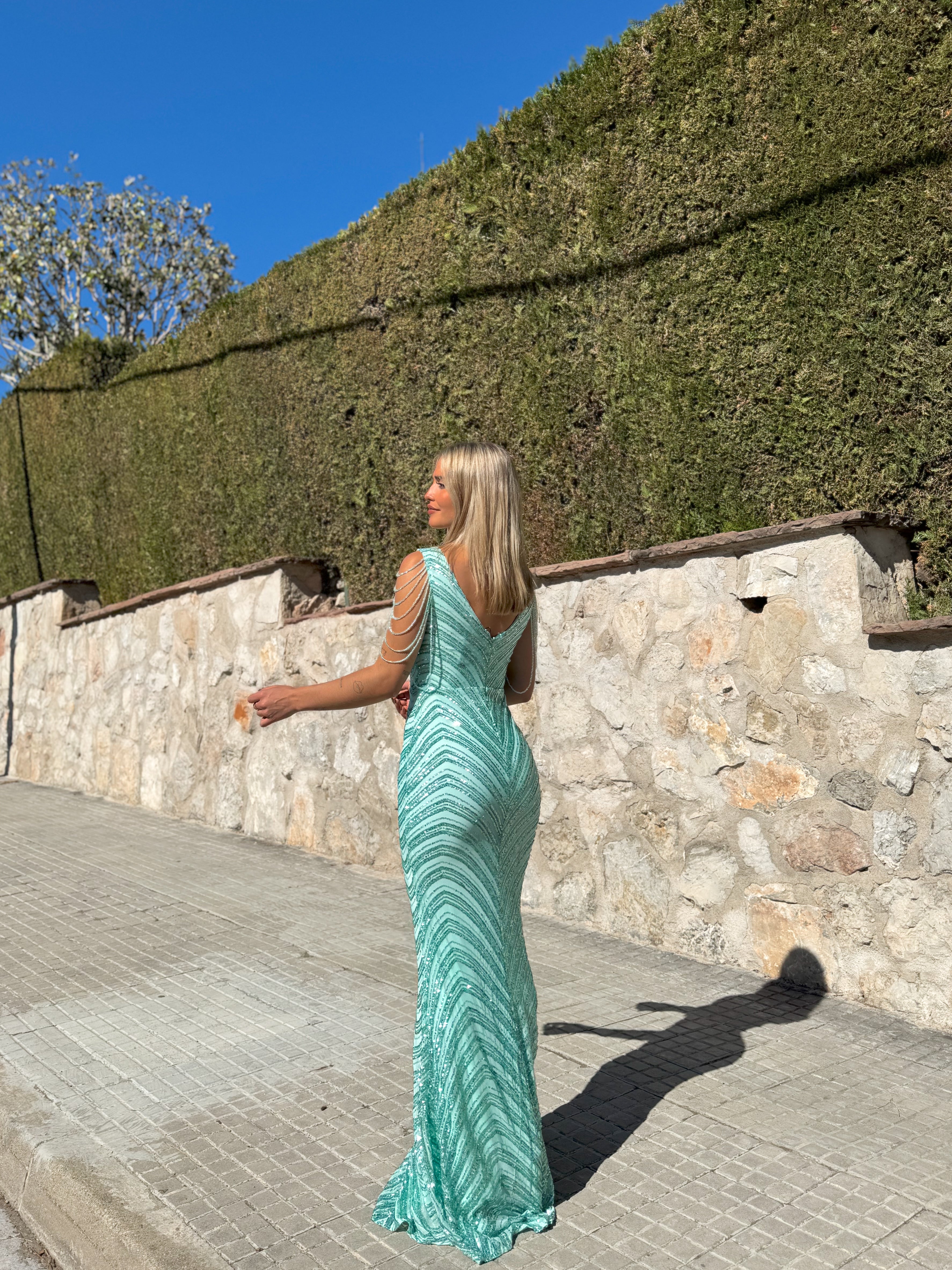 Turquoise mermaid pearl neckline dress