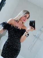 Mini dress black glitter feathers