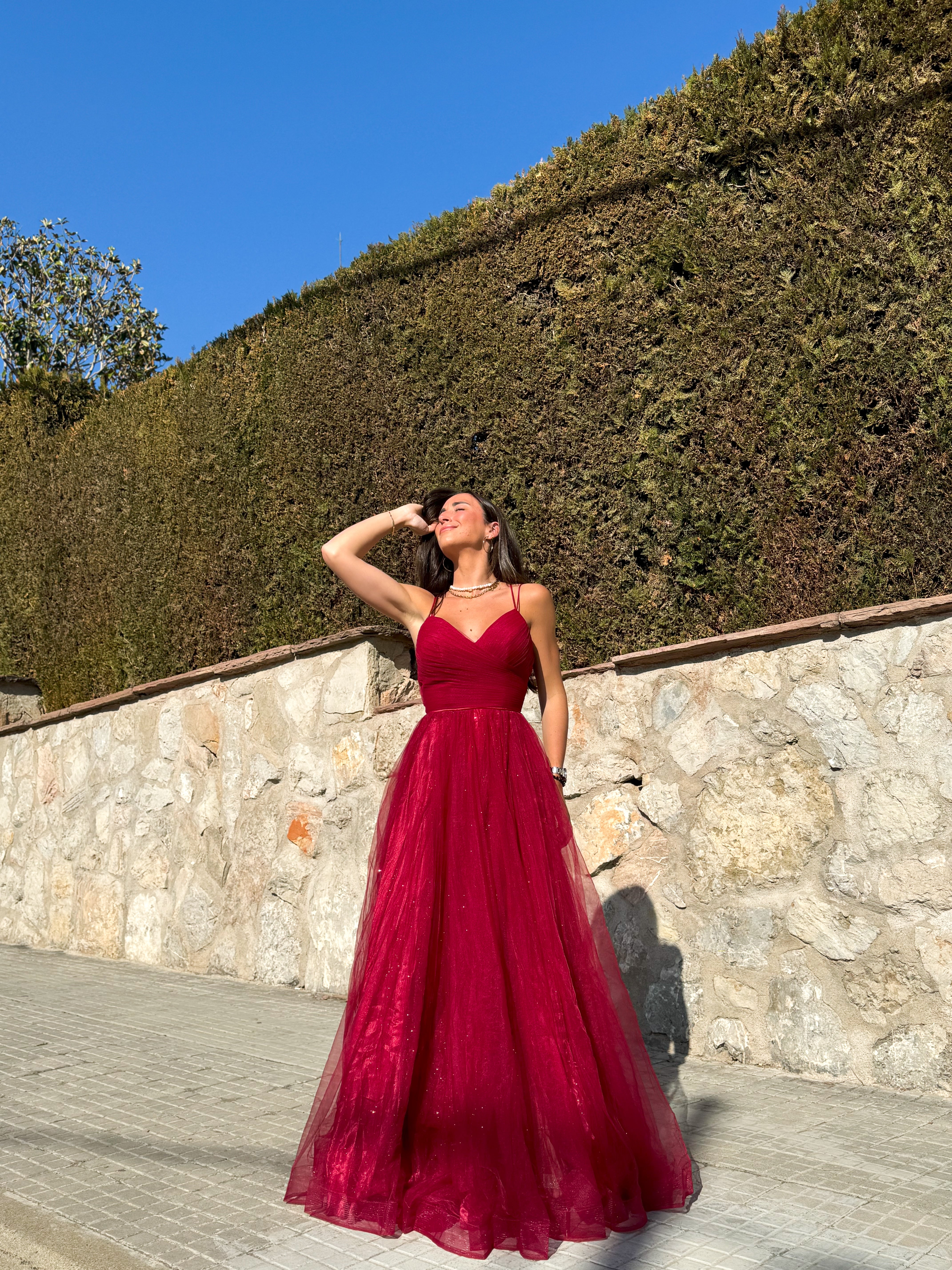 Burgundy tulle spaghetti straps dress