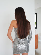 Silver glitter dress with silver ruffle