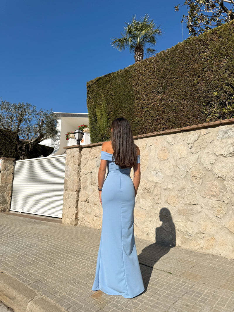 Light blue fitted bardot dress