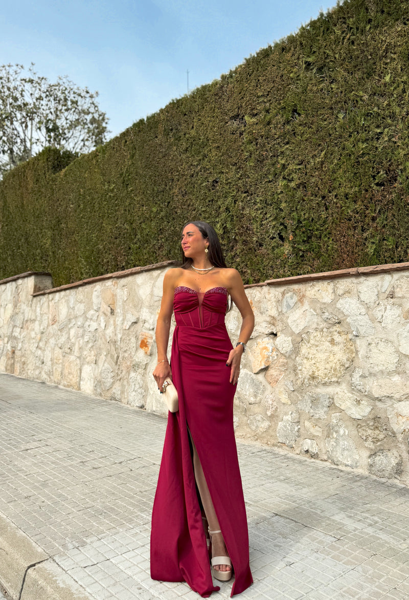 Burgundy rhinestone cups dress