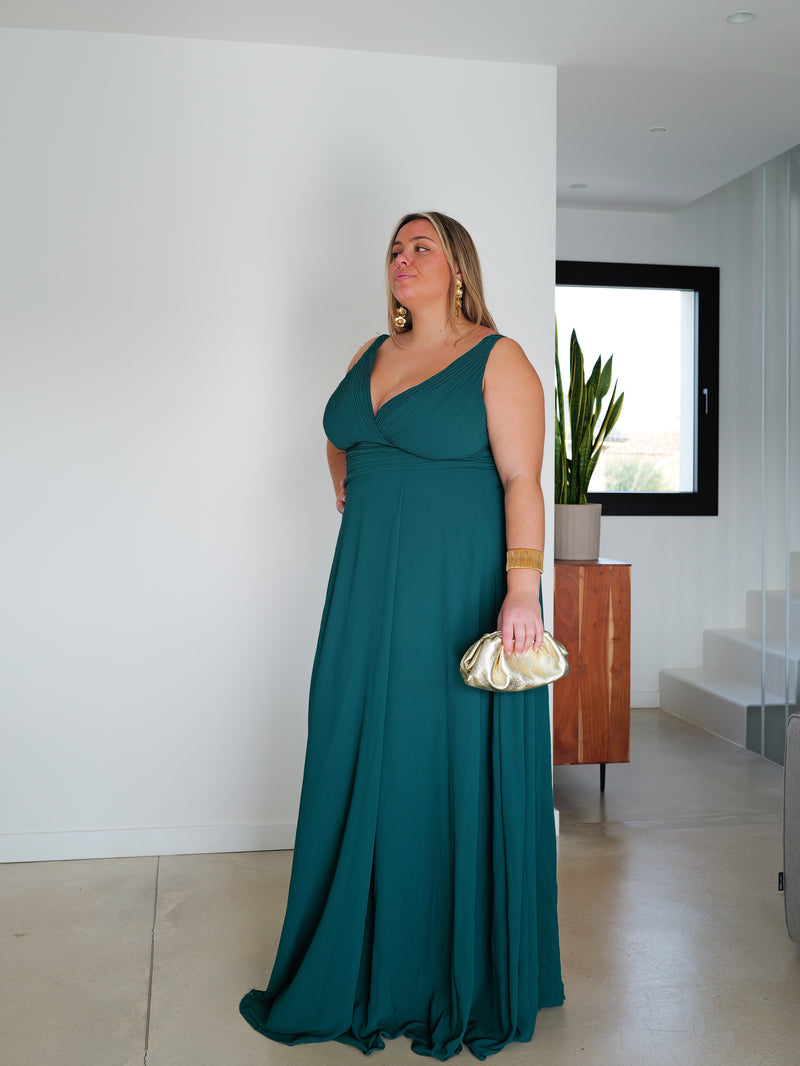 Long dress with draped V-neck and bottle neckline