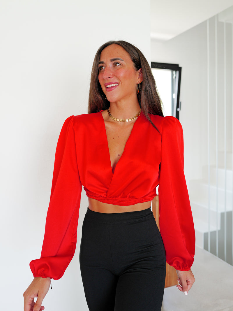 Red satin crossover blouse