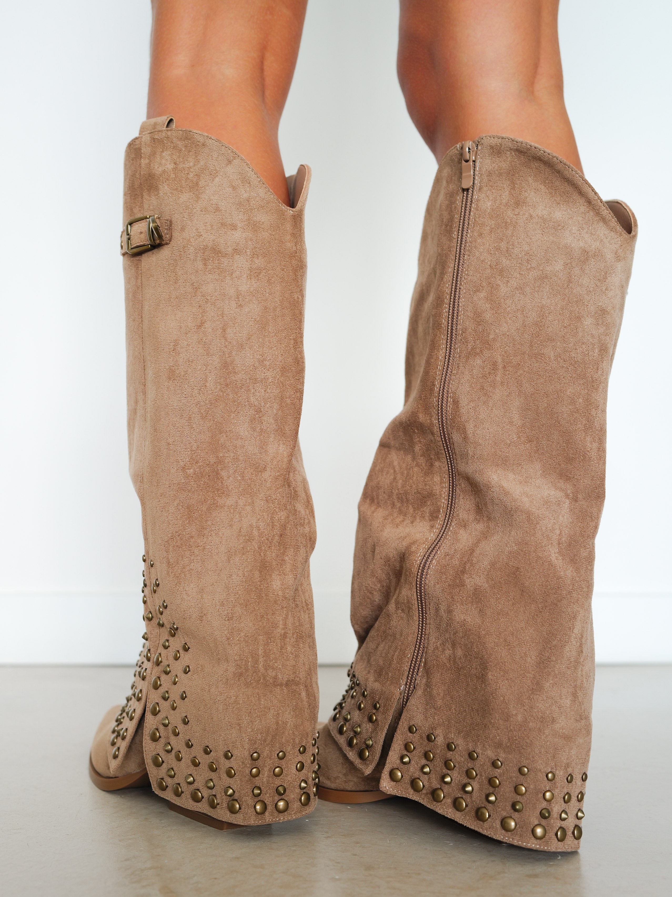 Taupe suede studded heeled ankle boot