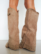 Taupe suede studded heeled ankle boot