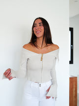 Beige ribbed zipper boat sweater