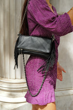 Black leather bag with fringed chains