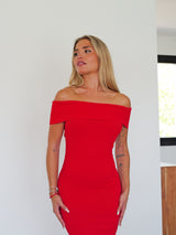 Red ribbed bardot dress