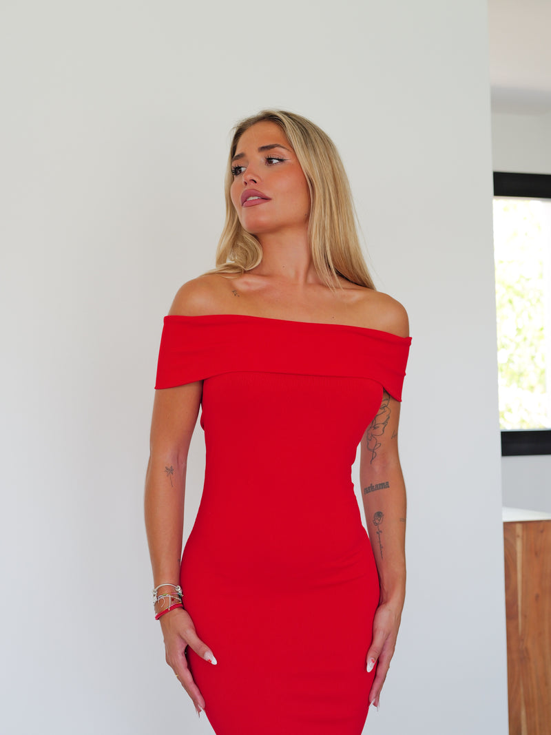 Red ribbed bardot dress