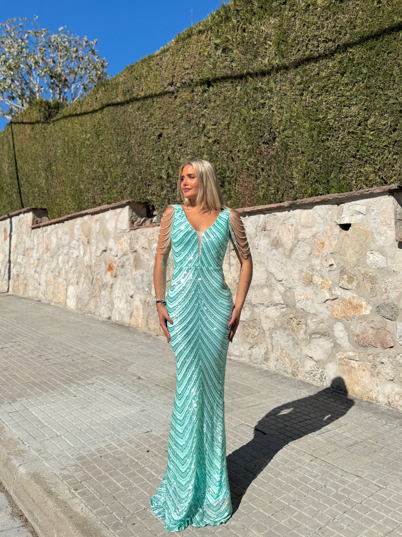 Turquoise mermaid pearl neckline dress