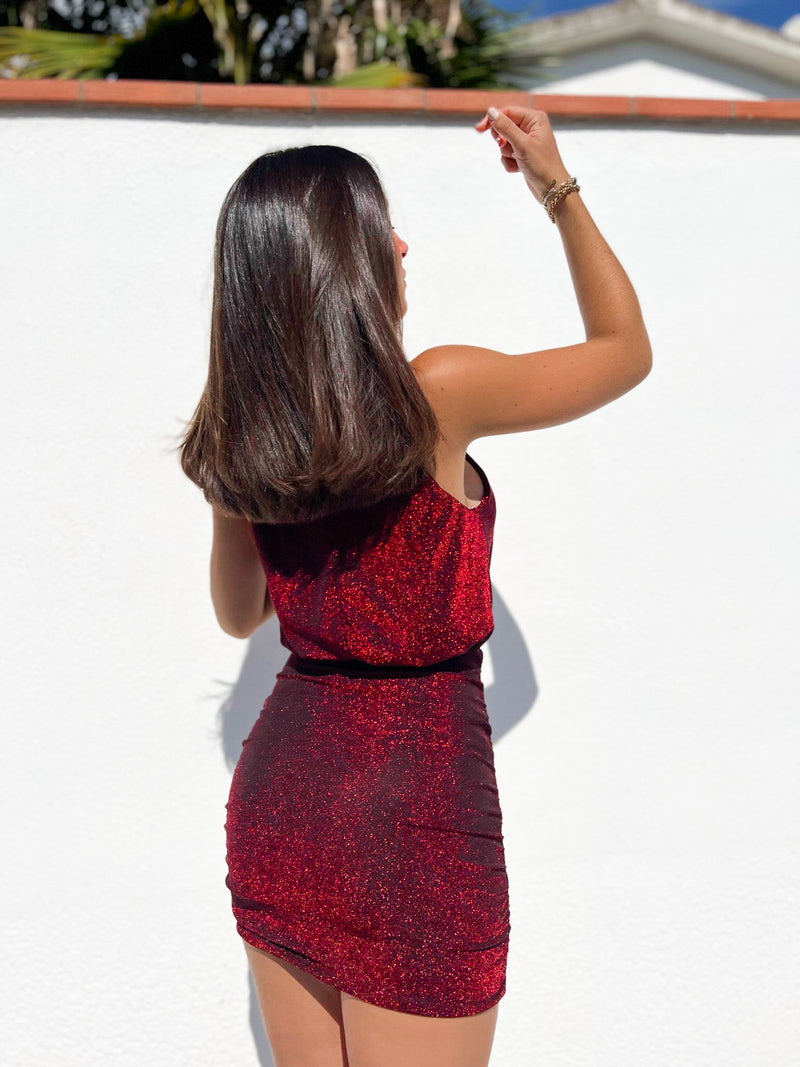 Red lurex halter dress