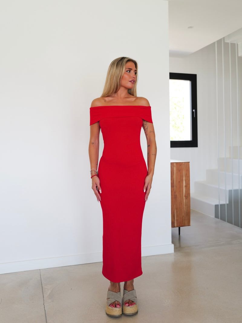 Red ribbed bardot dress