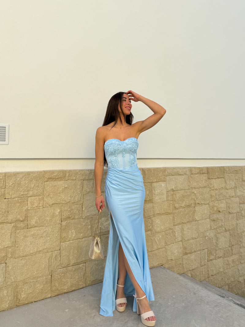 Corset mermaid dress with light blue embroidery