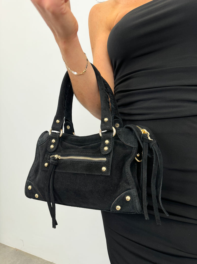 Black suede leather buckles bag