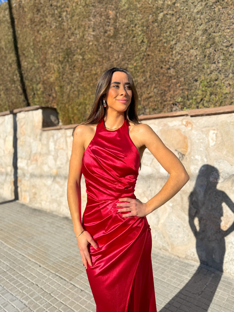 Long red draped halter dress