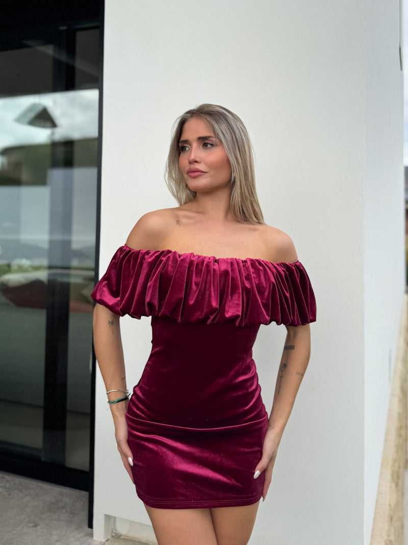 Burgundy mini velvet pompom dress