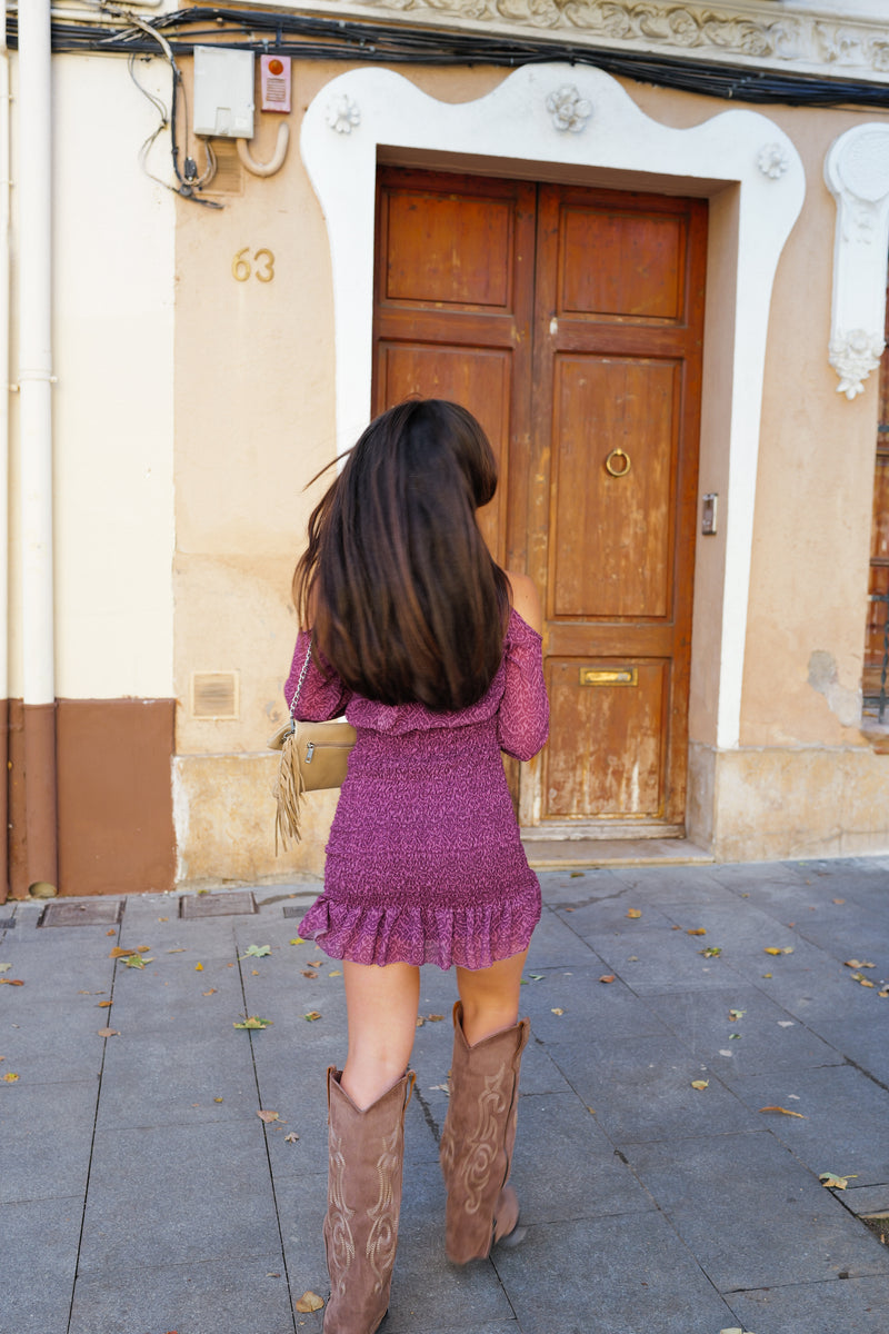 Lilac printed mini shoulder dress