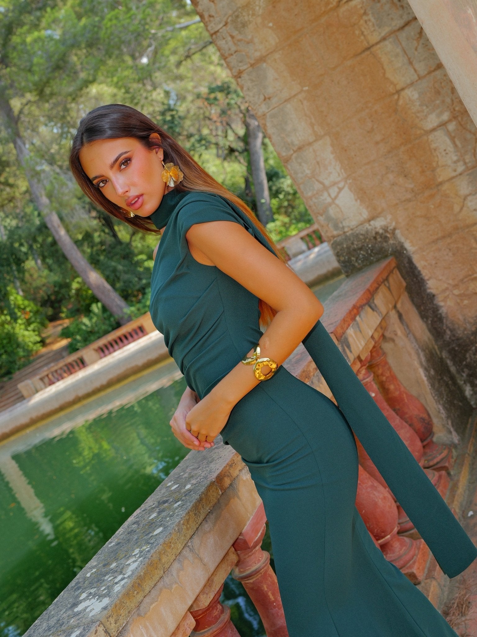 Asymmetrical bottle green ruched choker dress - SORELLAS