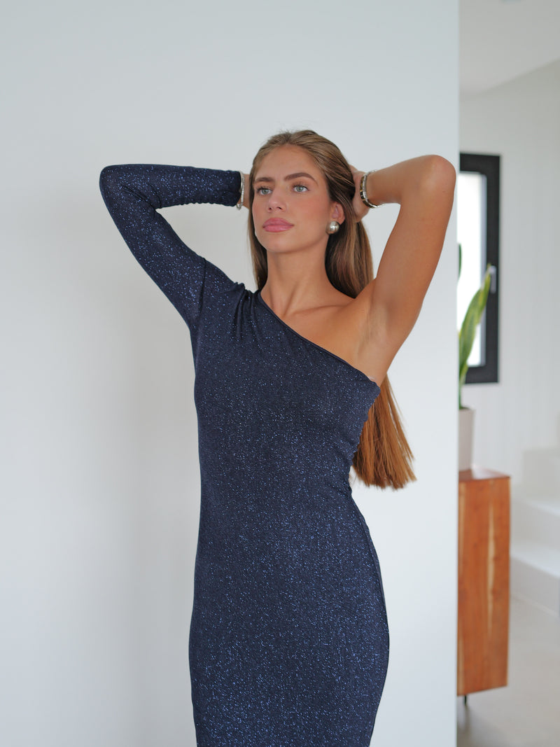 Navy asymmetric lurex long dress