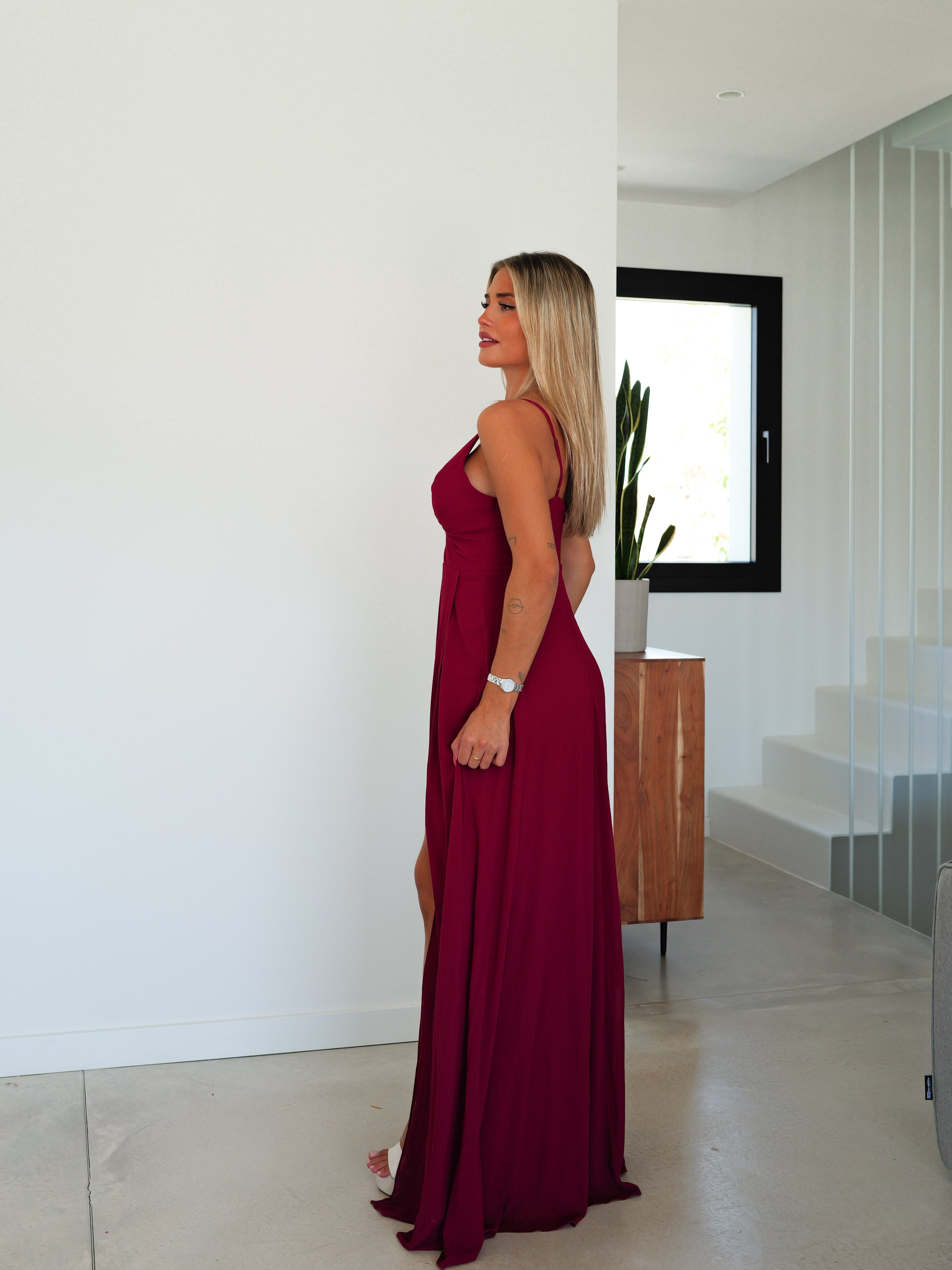 Burgundy crepe peak dress