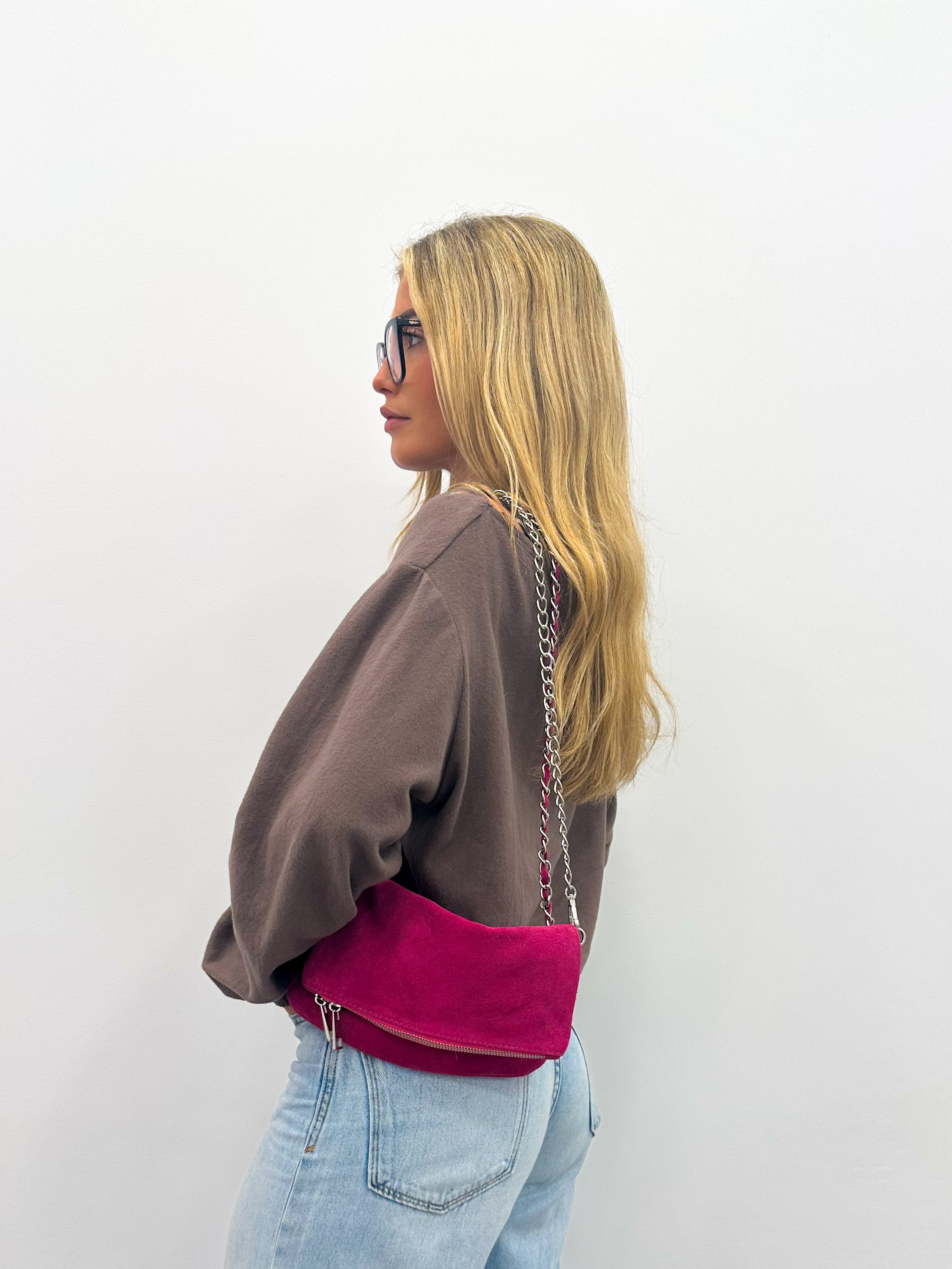Fuchsia suede chain bag