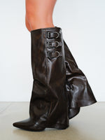 Brown three-buckle heeled boot