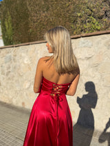 Red satin strapless dress