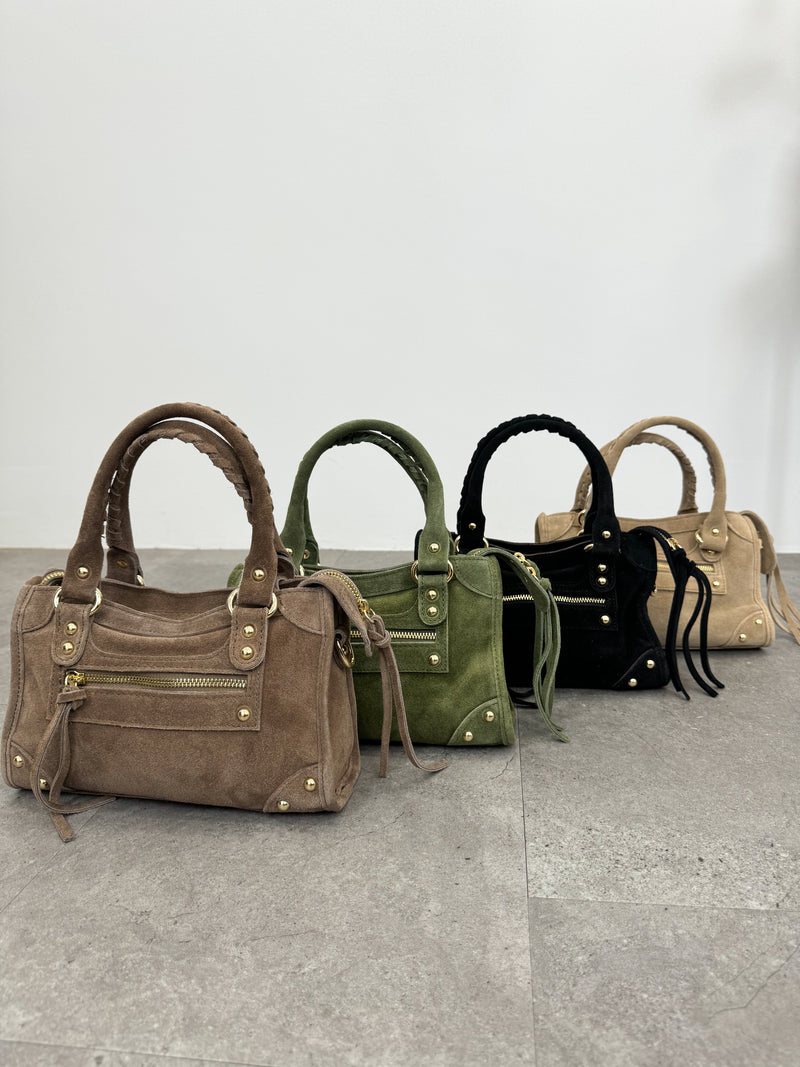 Khaki suede leather buckles bag