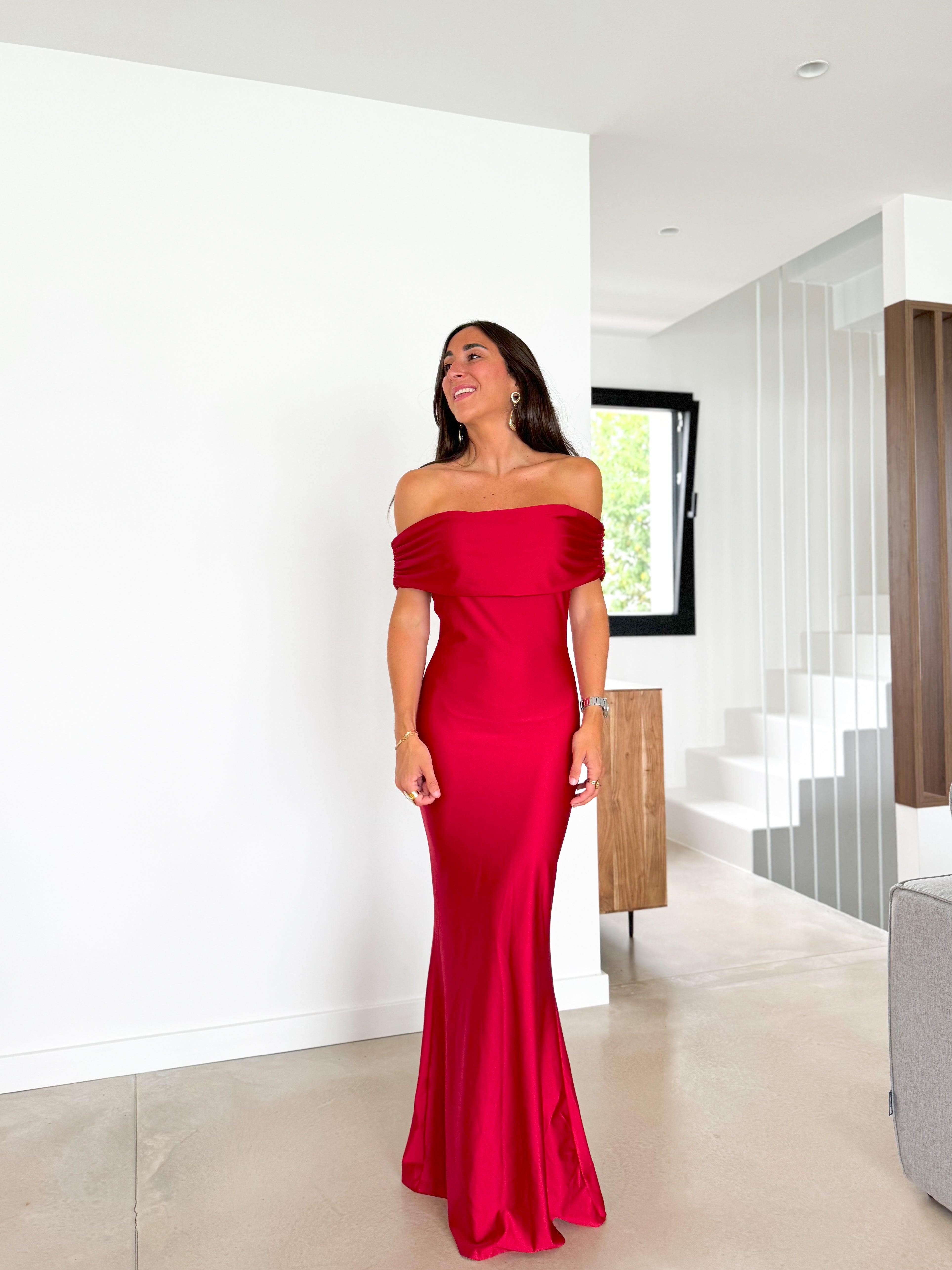 Red back satin bardot dress