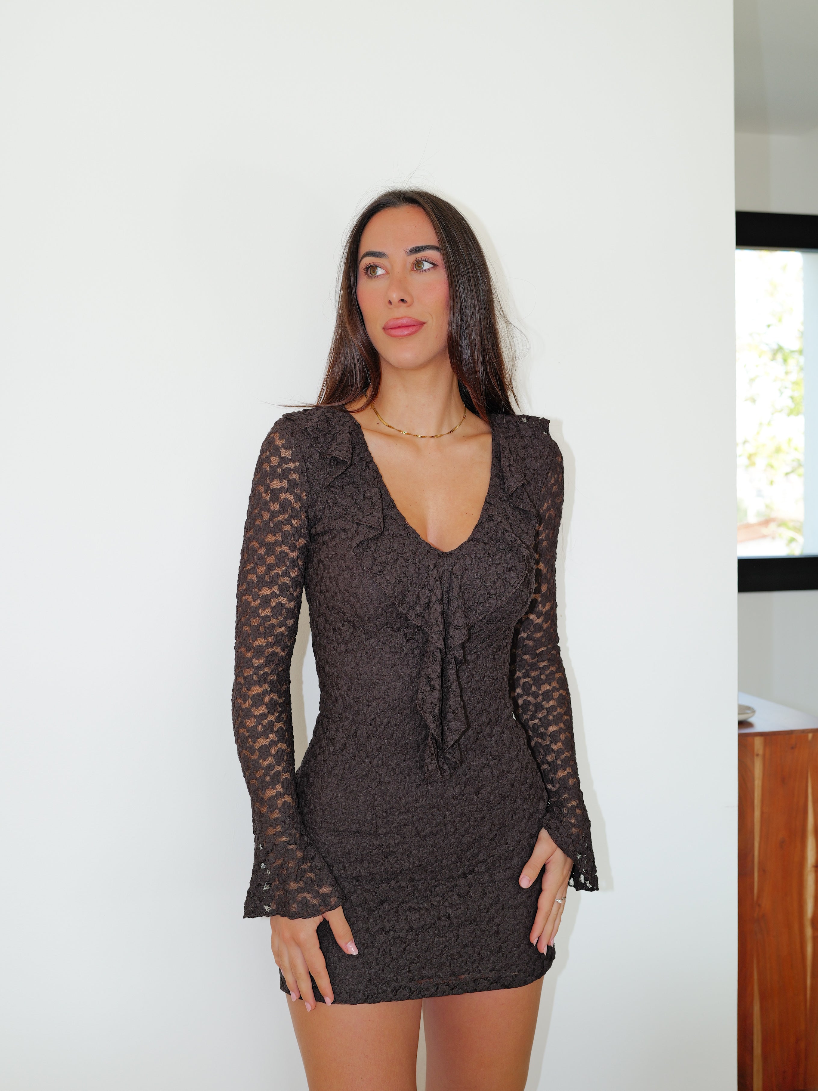 Chocolate lace V-neck mini dress