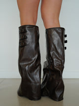 Brown three-buckle heeled boot