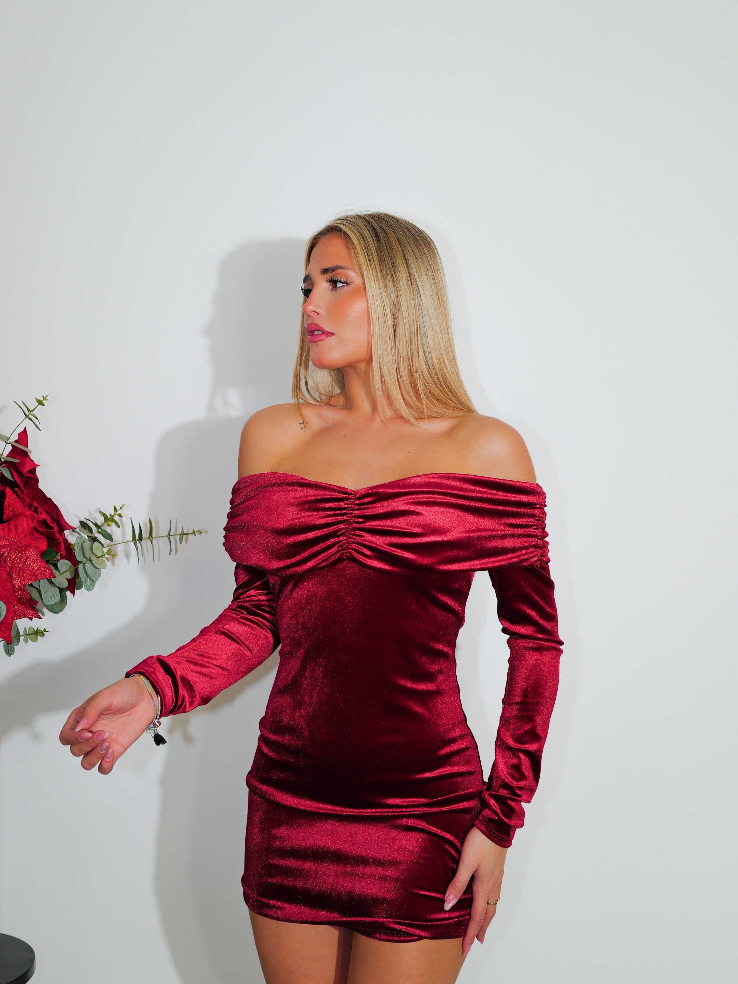 Burgundy velvet bardot dress