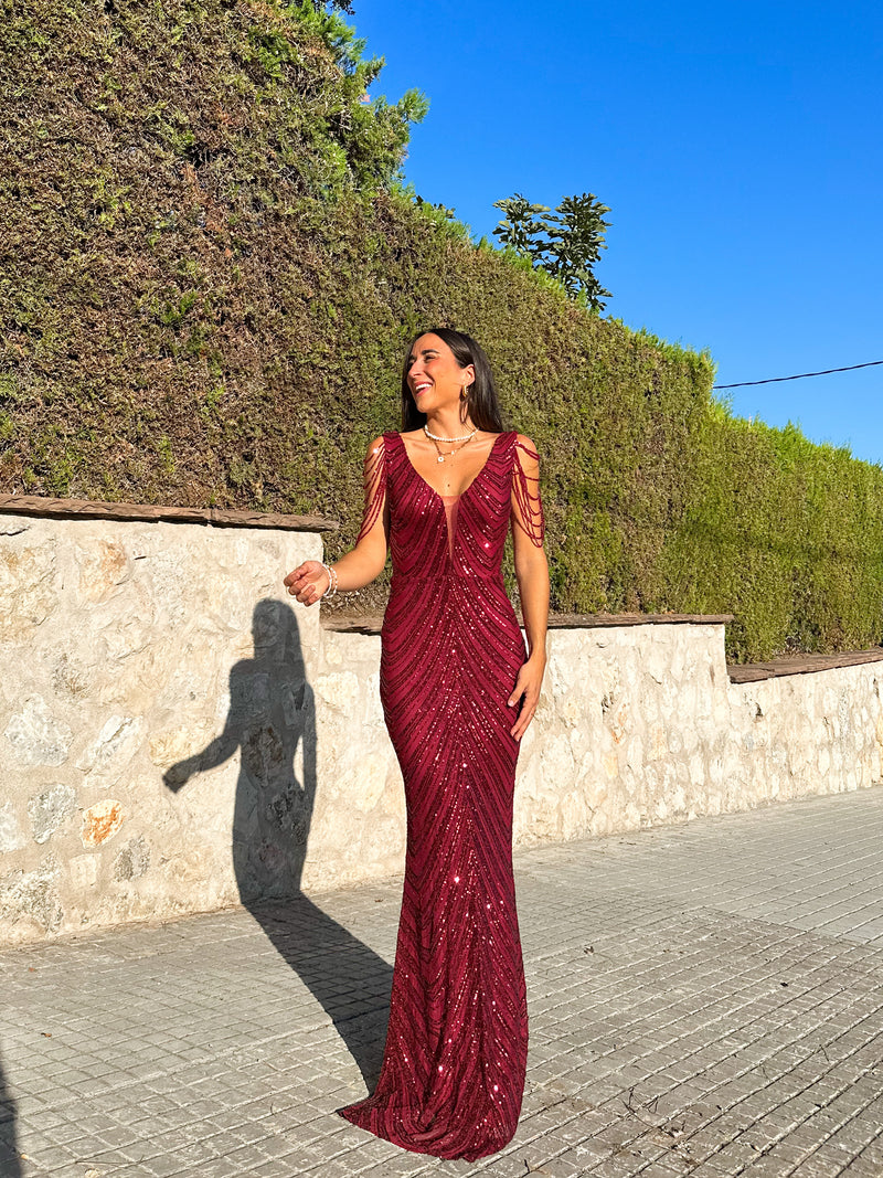 Wine mermaid pearl neckline dress