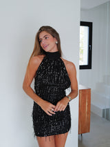 Black fringed glitter mini dress