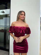 Burgundy mini velvet pompom dress