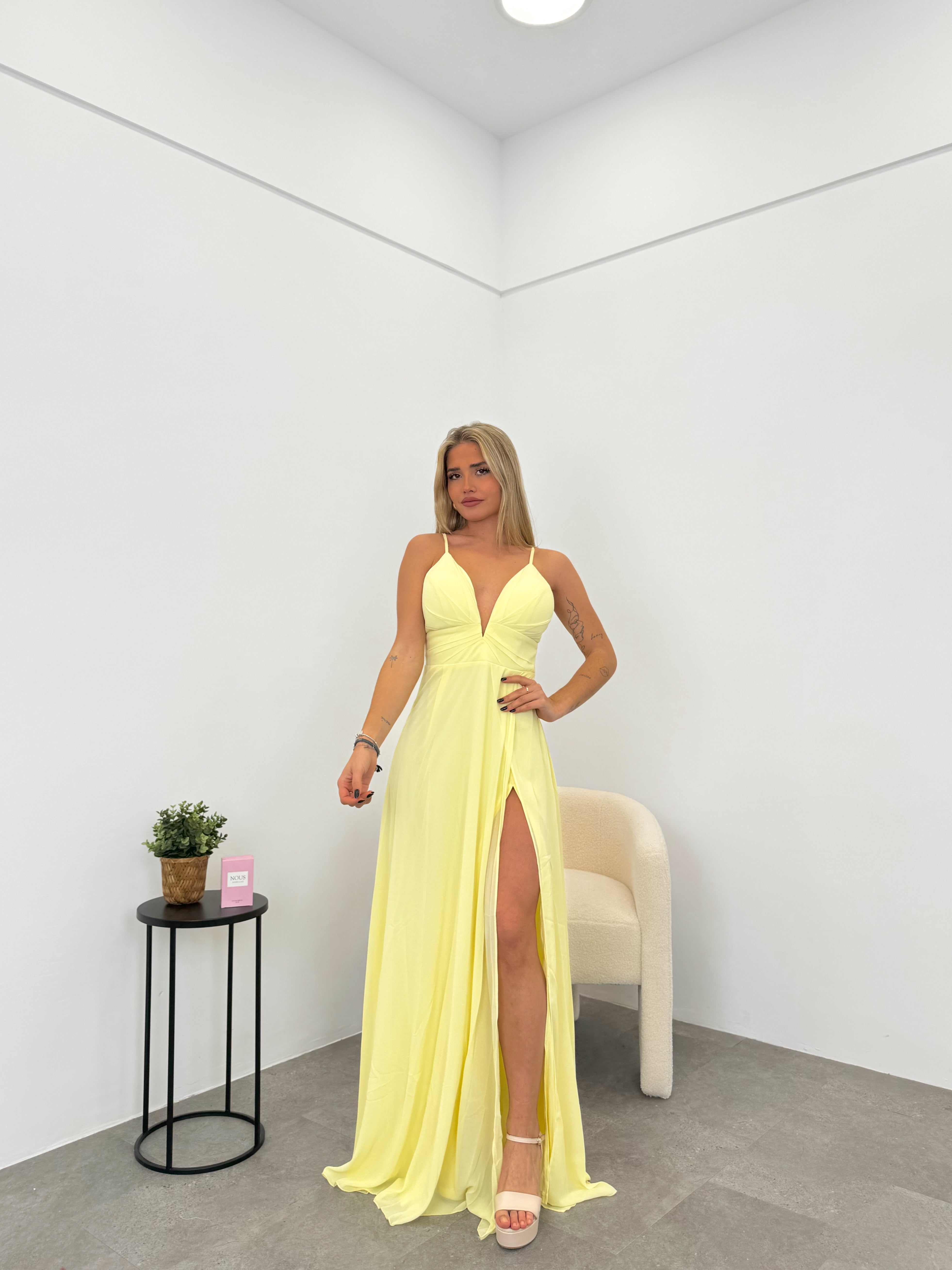 Yellow crepe peak dress