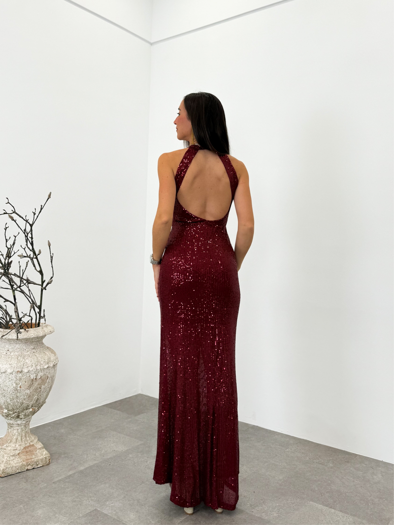 Burgundy halter length glitter dress