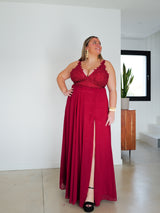 Long dress with burgundy rhinestones V neckline