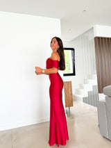 Red back satin bardot dress