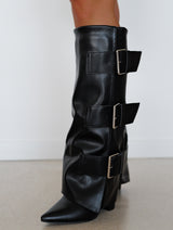 Heeled boot with silver buckles flap heel