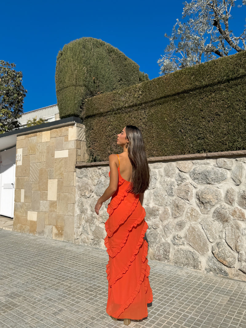 Orange crepe ruffles dress