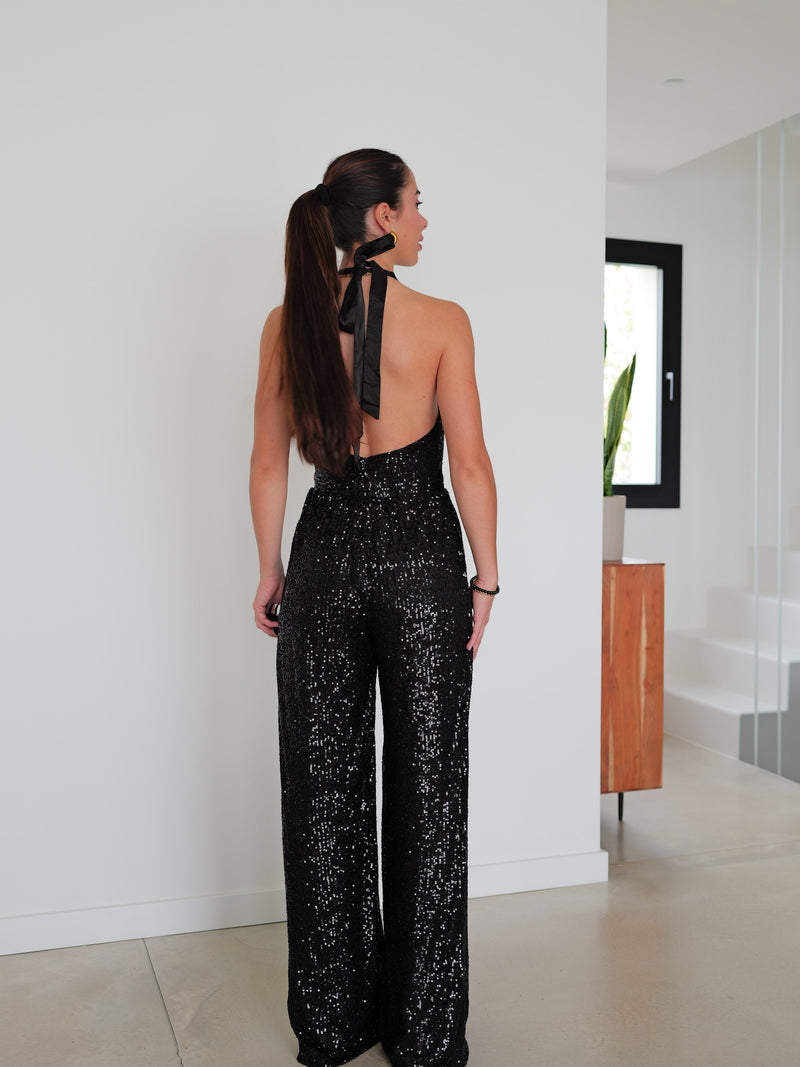 Black bow back glitter jumpsuit