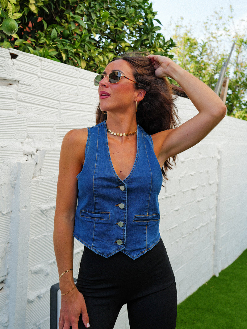 Blue denim button vest